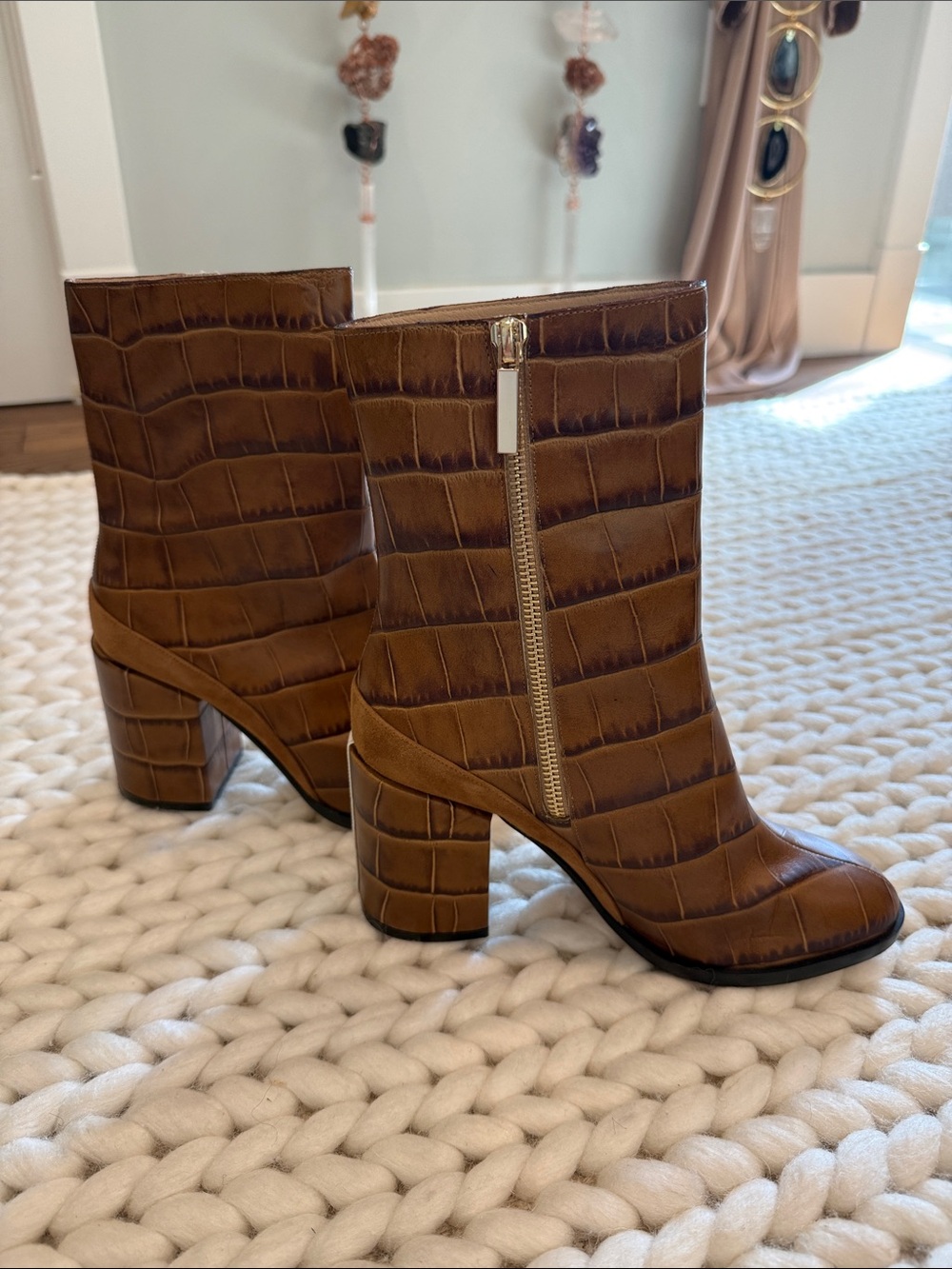 Dear Frances Brown Croc-Embossed Block Heel Ankle Boots with Side Zip